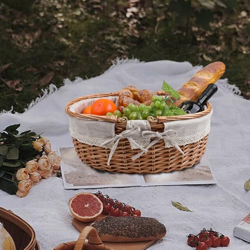 Large Wicker Picnic Basket with Handles,Handle Sturdy Woven Body with Removable and Washable Lining,Outdoor Camping,Gift Packing,Garden Picking, Storage.White Flower - color: White Flower
