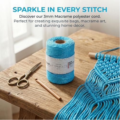 3mm Sparkle Polyester Macramé Cord - 150g/66yds Metallic Glitter Braided Cord for Crocheting Bags, Baskets, Macramé Plant Hangers & DIY Crafts, Machine Washable (9#Aqua Blue) - color: 9#aqua Blue