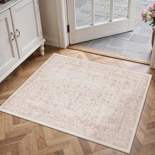 PureCozy Pink Entryway Area Rug 2x3 Door Mat Machine Washable Kitchen Vintage Distressed Non Slip Carpet Indoor Retro Floral Accent Throw Small Rug for Bathroom Office Bedroom Dining Room - color: Accent | Pink, size: 2' x 3' (Rectangular)