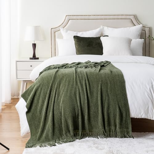 BATTILO HOME Olive Green Throw Blanket for Couch, Soft Chenille Knit Throws with Tassels for Home Decor, Green Throws for Couch Cover, 50"x60" - color: Olive Green, size: 50 x 60 in.