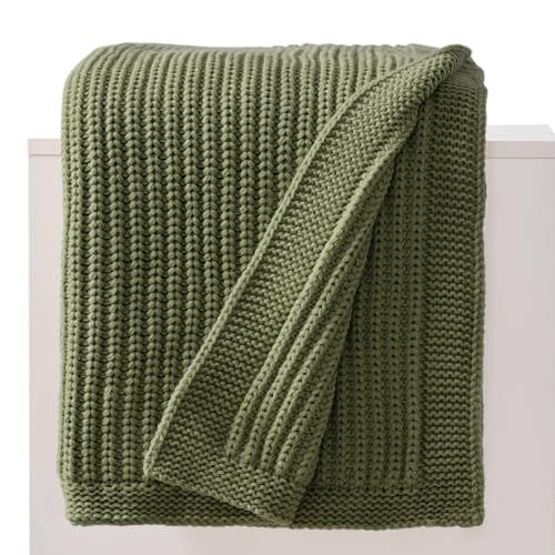 Chunky Knit Olive Green Throw Blanket 50"x60",Soft Cozy Thick Knitted Blanket for Couch Sofa Bed,Fisherman Cable Knit Cute Decorative Throw for Living Room - color: Olive Green, size: 50"x 60"
