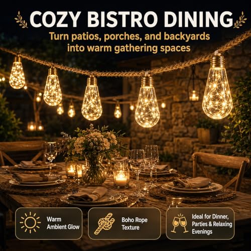 Boho Fairy String Lights Outdoor Backyard Solar String Lights LED for Garden Patio Porch Decor USB Waterproof Shatterproof Bulbs 8 Modes Edison Night Lamp Party Gift(33ft 24Lights,Warm Remote) - color: 33ft 24Lights, size: Warm Remote
