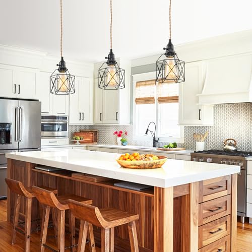 3-Light Hanging Light with Plug in Cord,Plug in Pendant Light Hemp Rope Pendant Lighting Vintage 3-Light Hanging Lamp Fixtures for Kitchen Island Living Room Bedroom - color: 3 Light Pendant Lights+Black Cage