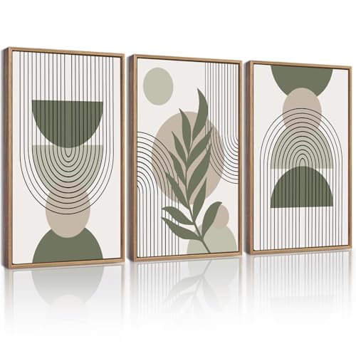 Drsoum 16x24in Large Boho Wall Art Green Sage Decor Framed Wood Modern Bohemian Abstract Geometry Canvas Prints Ready to Hang for Bedroom - color: green boho decor, Natural Framed, size: 16" x 24"
