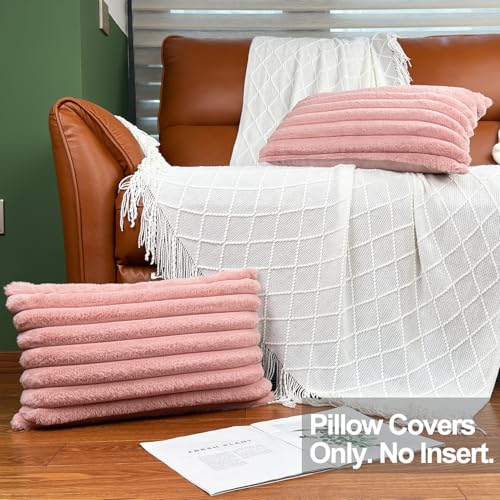 12x20 Throw Pillow Covers Set of 2, Decorative Faux Fur Covers for Bed, Couch Soft Fluffy Pillow Cover with Velvet Back for Living Room, Neutral Home Décor Accent for Sofa - Pink - color: Pink, size: 20" x 12" (Pack of 2)