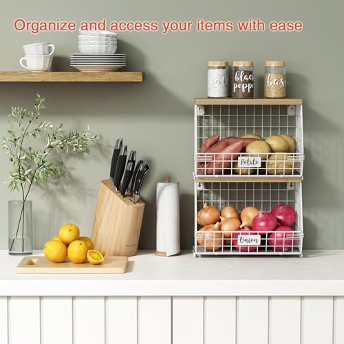 Goozii White Fruit Storage Basket for Kitchen Counter Set of 2, Wall Mount Wire Fruit Basket with Shelf with Banana Hanger, Hanging Countertop Organizer for Bathroom Pantry Cabinet, White + Natural - color: White + Natural Wood