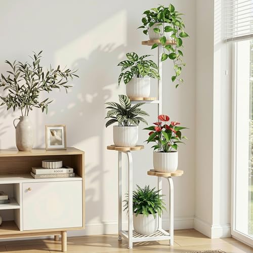 TOSKING 5 Tier Metal Anti-Tip Plant Stand indoor, Wide Base for Pots, Child and Pet Friendly ,Heavy Duty Plant Shelf , Corner Shelf, Flower Pot Stand for Multiple Plants, Indoor Plants Tiered Stand for Living Room Balcony Garden Patio Bedroom (White and W