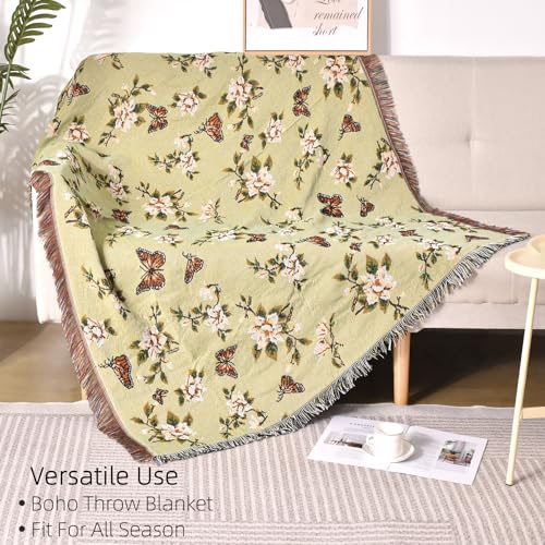 Pattern Throw Blanket for Couch, Throw for Bed, Outdoor Blanket, Retro Decor,51"×63" All Season Ultra Soft Butterfly Throw Blanket with Tassels for Sofa Chair, Green - color: Plum Blossom Butterfly Green01, size: 51"×63"