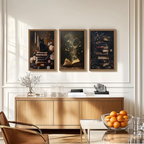 3pcs Framed Vintage Book & Cat Canvas Wall Art Set - Magical Books with Butterflies, Floral & Candle DecorCanvas painting - Décor for Living Room, Bedroom, or Office12x16in - color: Retro Flower Book Cat, size: 12x16in