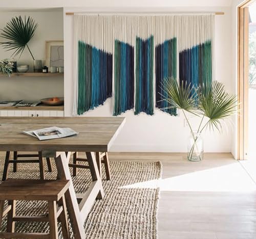 IOWER Macrame Wall Hanging Dip-Dyed 59" Wx37 L Craftsmanship Fiber Yarn Wall Art Boho Macrame Wall Decor - color: blue
