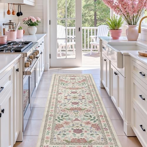 Deerly Floral Runner Rug 2x6 for Kitchen Hallway Bedroom Vintage Boho Washable Bathroom Runner Rugs Non-Slip Soft Low Pile Thin Indoor Carpet for Laundry Room Farmhouse Rug, Beige/Light Pink/Multi - color: Beige/Light Pink/Multi, size: 2' x 6' (Runner)