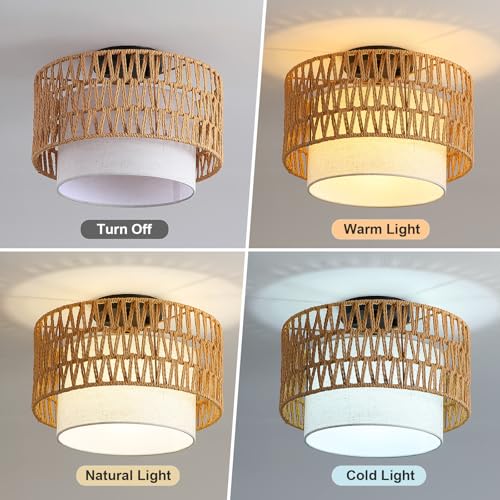 Somniferous Rattan Ceiling Light Fixture, Boho Flush Mount Ceiling Light with Double Drum Shade, Farmhouse Woven Light Fixture for Bedroom, Living Room, Kitchen, Hallway, Entryway, 12.6”, E26 Base