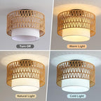 Somniferous Rattan Ceiling Light Fixture, Boho Flush Mount Ceiling Light with Double Drum Shade, Farmhouse Woven Light Fixture for Bedroom, Living Room, Kitchen, Hallway, Entryway, 12.6”, E26 Base