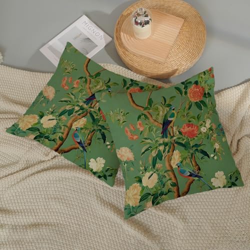 Green Chinoiserie Pillow Covers 16x16 Inch 2 Pcs Vintage Floral Birds Decor Throw Pillows Boho Flower Seasonal Spring Summer Outdoor Decoration Pillowcase Linen Cushion Cover for Couch - color: Green Boho Floral Birds, size: 16" x 16" (Pack of 2)