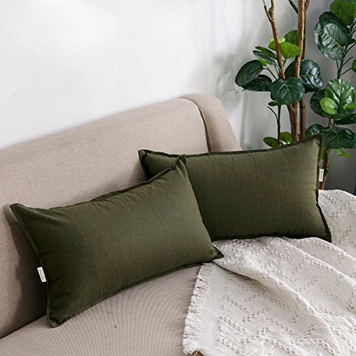 Jeanerlor Cotton Linen Square Decorative Throw Pillow Case Cushion Cover with Twin Needles Stitch on Edge,for Wedding Party Gift Car 12"x20"(30 x 50cm), Olive Green - color: Olive Green, size: 20" x 12" (Pack of 1)