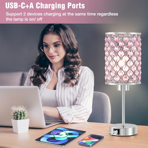 GyroVu Crystal Table Lamp, Pink Touch Lamp with USB C+A Ports, Dimmable Lamp with Crystal Shade, Bedside Lamp Small Lamp for Girl Bedroom, Living Room(Buld Included) - color: Pink, size: 14.75"