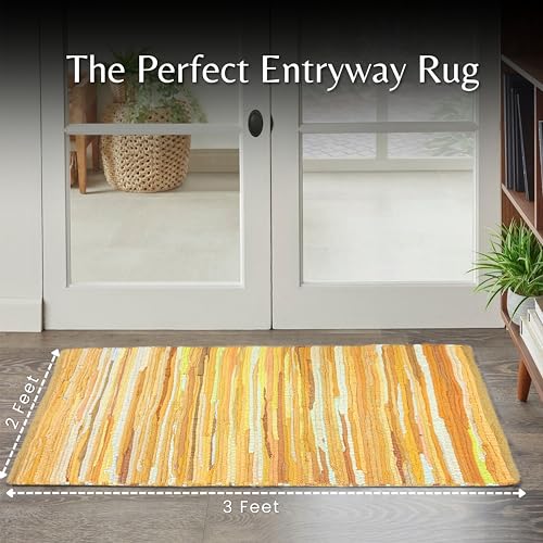 Cotton Hand Woven Chindi Rug 2x3 Feet - Mustard, Farmhouse Small Soft Durable Handmade Throw Carpet for Entryway, Kitchen, Laundry Room | Yellow Braided Textured Rectangular Rag Rugs for Bathroom - color: Mustard, size: 2 x 3 feet