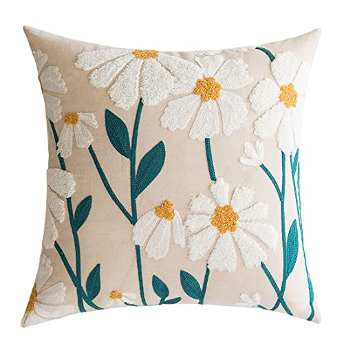vctops Boho Floral Tufted Decorative Throw Pillow Cover Botanical Embroidered Cotton Cushion Cover for Couch Sofa Bed (Flower E,18"x18") - color: Flower E, size: 18" x 18" (Pack of 1)