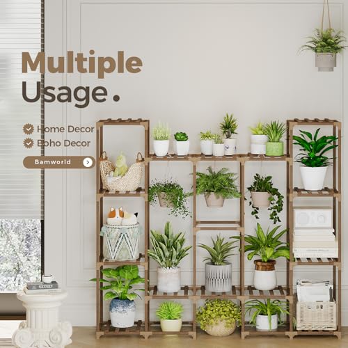 Bamworld Large Plant Stand Indoor Outdoor Hanging Shelf for Multiple PlantsTall Large Holder for Living Room Patio Balcony Garden - color: Brown-16 Pots, style: Cabinet