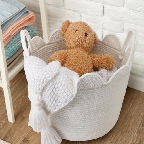 LemonRoad White Round Basket Large Blanket Basket 15.8" L X 15.8" W X13.8" H Scalloped Woven Baskets Cotton Storage Baskets for Nursery Classroom Closet Blankets Storage Home Decor - color: White, size: 15.8" L X 15.8" W X13.8" H