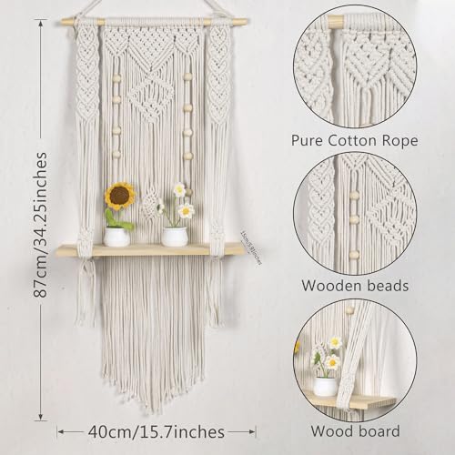 HVEST Macrame Wall Hanging Shelf Boho Decor Handmade Woven Tapestry for Bedroom, Macrame Wall Art Wood Floating Shelf for Living Room Office Nursery Decor Plant Hanger, 34.2L X 15.7W inches - color: Beige