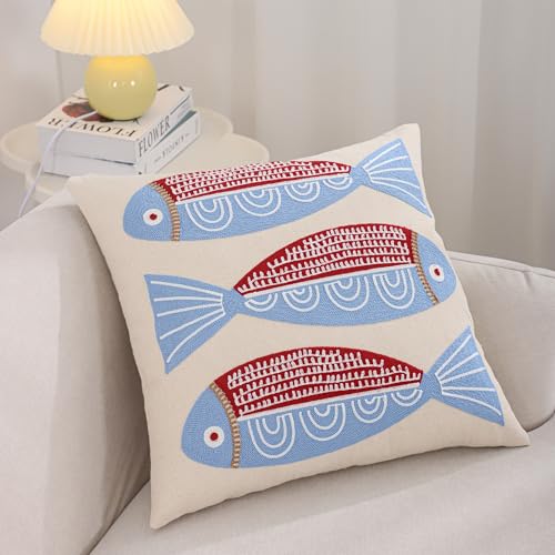 LUOYEHK Summer Embroidered Throw Pillow Covers 18x18 Inch Pack of 2 Coastal Canvas Beach Cushion Covers for Couch Sofa Bed Living Room (Red Fish) - color: A Pair of Seahorses