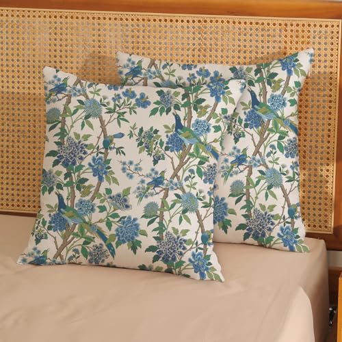 Chinoiserie Pillow Covers 18x18 Set of 2 Blue Green Floral Birds Throw Pillow Covers Decoration Spring Summer Floral Farmhouse Decorative Linen Cushion Cover for Couch Sofa Outdoor Decor - color: Blue Green-flower Birds-2, size: 18" x 18" (Pack of 2)
