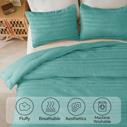 BEDELITE Boho Twin/Twin XL Comforter Set，Aqua Tufted Striped Bed Set 2 Pieces, Soft Vintage Farmhouse Comforter for College, Boho Home Dorm Decor, Fluffy Jacquard Bedding with 1 Pillow Sham - color: Aqua, size: Twin/Twin XL