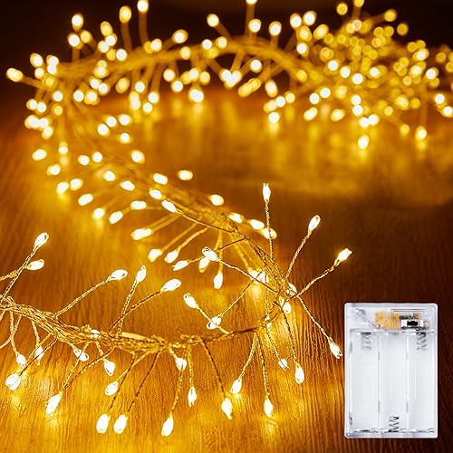 Brightown Fairy Lights Battery Operated, 10Ft 120 LED Firecracker String Lights, Waterproof Silver Wire Starry Firefly Light for DIY Wreath Wedding Indoor Outdoor Christmas Garden Decorations - color: Warm White, size: 120 LEDs