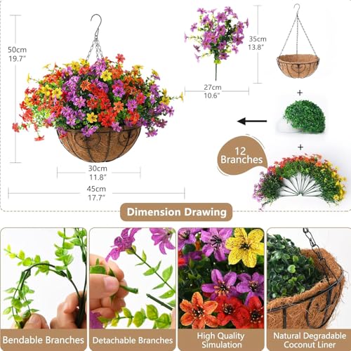 ZFProcess Artificial Flowers Hanging Baskets, Multicolor 12 Bundles Faux Flower Outdoor Hanging Basket Spring Summer Decoration, Fake Flowers Plants for Porch Patio Balcony Home Yard Decor(Mixd2) - color: Purple,red,orange,yellow