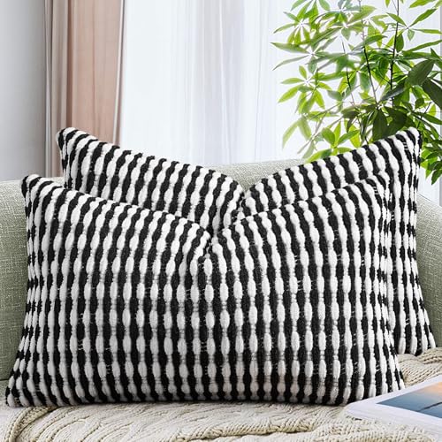 AmHoo Set of 2 Boho Chenille Pillow Cover Decorative Tufted Pillowcase for Couch Bed Sofa Bedroom Living Room Modern 12 x 20-Inch Black - color: Black, size: 20" x 12" (Pack of 2)