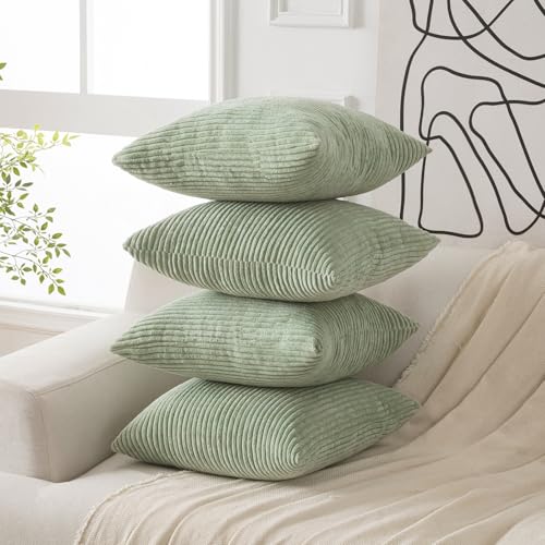 Volcanics Set of 4 Sage Green Corduroy Decorative Couch Throw Pillow Covers 18x18 Inch, Western Modern Farmhouse Striped Cushion Cases, Soft Boho Square Accent Pillow Covers for Home Sofa - color: Sage Green, size: 18" x 18" (Pack of 4)