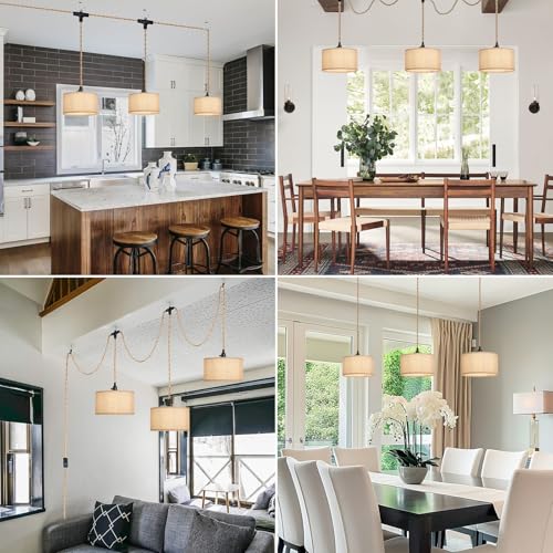 3 Light Plug in Pendant Lights Fabric Hanging Lamp Kit with Switch 22 Ft Long Hemp Rope Farmhouse Pndant Light Cord Lighting Fixture DIY Hanging Light - size: 3 Light Fabric