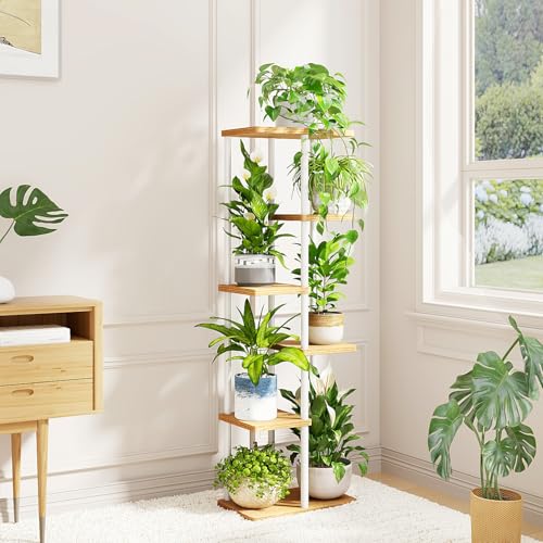 Bamworld Tall Plant Stand Indoor 6 Tier Plant Shelf for Multiple Plants, Tiered Flower Pot Stands for Patio Garden Balcony Living Room Bedroom, White - color: White, size: 6 Tier
