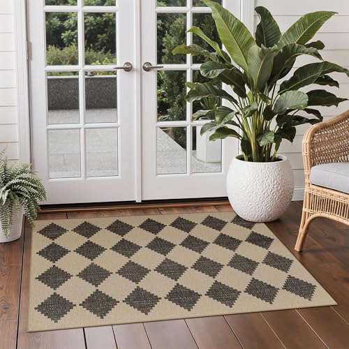 GENIMO Indoor Outdoor Area Rug 3'x5', Checkered Easy Jute Rug Machine Washable, Easy-Cleaning, Non Slip Geometric Outdoor Carpet for Patio, Living Room, Entryway, Backyard, Porch, Deck, Balcony - color: Zigzag Diamond, size: 3' x 5' (Rectangular)