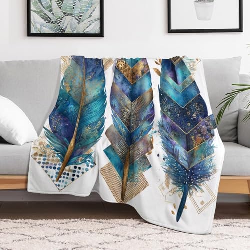 Blanket Bohemian Feather Leaf Throw Blanket for Women Men, 50"x60" Vintage Gold Geometry Plush Flannel Throws, Decor for Bed Couch Bedroom - color: Bohemian Feather Leaf, size: 50"x60"