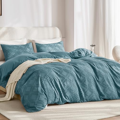 JELLYMONI Duvet Cover Twin Size Grayish Blue - 3PCS Boho Duvet Cover Set Plaid Polyester Tufted Bohemian Jacquard Knit Textured Comforter Cover Rhombic Geometric Pattern Corner Ties & Zipper for Kids - color: Grayish Blue-grid, size: Twin(68"×90")