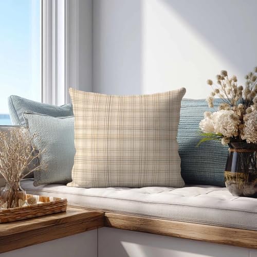 Plaid Throw Pillow Covers 18x18 Set of 2 | Beige Cream Decorative Cushion Covers | Neutral Farmhouse Pillow Cases for Couch Sofa Bed Living Room - color: Grid Lines