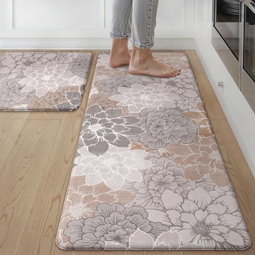 GENIMO Kitchen Mats for Floor, Kitchen Rugs Non Slip Washable Sets of 2, Waterproof Cushioned Anti Fatigue Mat, Floral Runner Rug for Laundry, Sink, Office, Home, 20"x32"+20"x48", Taupe Grey - color: Taupe Grey, size: 20"x32"+20"x48"