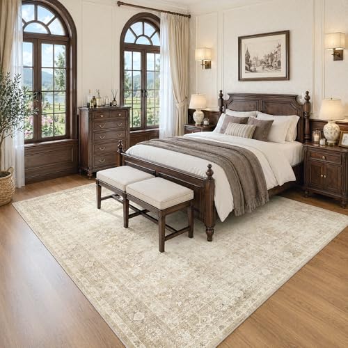 FMFUNCTEX 8x10 Washable Area Rug Beige Neutral Vintage Distressed Oriental Large Non Slip Carpet for Living Room Bedroom Traditional Retro Soft Low Pile Indoor Rugs for Dining Room Office Nursery - color: Beige, size: 8' x 10' (Rectangular)