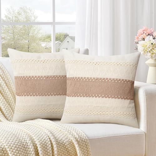 Pyonic Pack of 2 Boho Throw Pillow Covers 18x18 Inch Farmhouse Decorative Throw Pillows for Bed Sofa Living Room,Gray Modern Cushion Cover Couch Pillows Cover Home Decor - color: Beige+gray