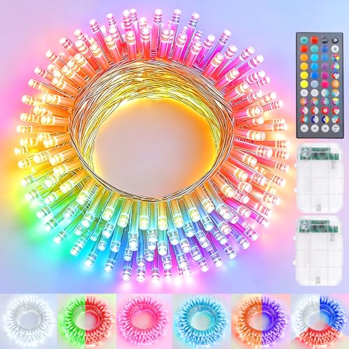 Pooqla 2 Pack Color Changing String Lights Battery Operated, Total 66.6ft 200 LED 34 Colors Battery Christmas Lights with Remote Indoor Outdoor Decorations Bedroom Classroom Porch Party Yard Decor - color: RGB (Red, Green, Blue), size: 100 LED x2
