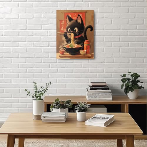 Retro Japanese Cat Eating Ramen Canvas Wall Art, Cat Aesthetic Framed Art Paintings Wall Decor Cats Lover Prints Picture for Living Room Dining Room Farmhouse Decor 11.5x15 Inch - color: Multi 1378