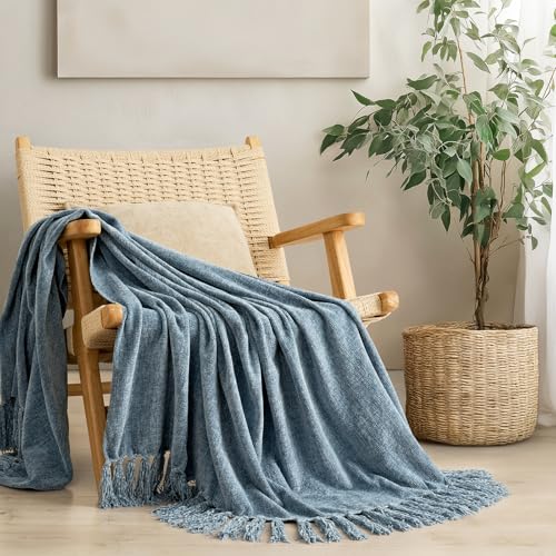 EverGrace Soft Chenille Throw Blanket for Couch, Cozy Plush Fuzzy Decorative Chenille Knit Throw Blanket with Tassels, Lightweight Blanket and Throws for Bed Sofa Gift Home Decor, Cloud Blue 60"x80" - color: Cloud Blue, size: 60"x80"