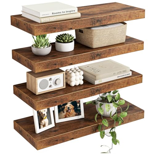 Fixwal Wood Floating Shelves, Wall Shelves Set of 4, Shelves for Wall Decor, with Invisible Brackets for Bathroom, Living Room,Bedroom and Kitchen(15.7in, Rustic Brown) - color: Rustic Brown, size: 15.7in