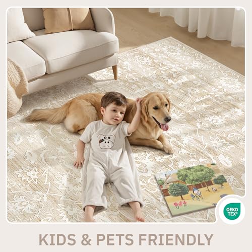 Soalmost Area Rugs 4x6 for Living Room, Neutral Washable Rugs for Dining Room, Entryway, Kitchen, Floral Vintage Non-Slip Area Rug Farmhouse 4'x6' Beige - color: Beige, size: 4' x 6' (Rectangular)