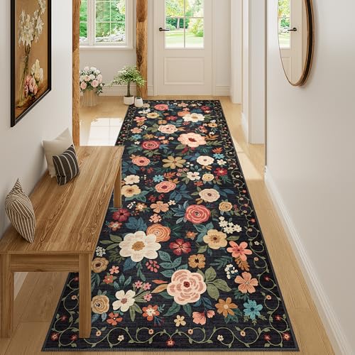 DUKINO 3x8 Runner Rug, Washable Rug for Kitchen with Non Slip Backing, Soft Non Shedding & Low Pile Design Long Floor Carpet Runner for Hallway, Bathroom, Entryway, Laundry, Black - color: Black, size: 3' x 8' (Rectangular)