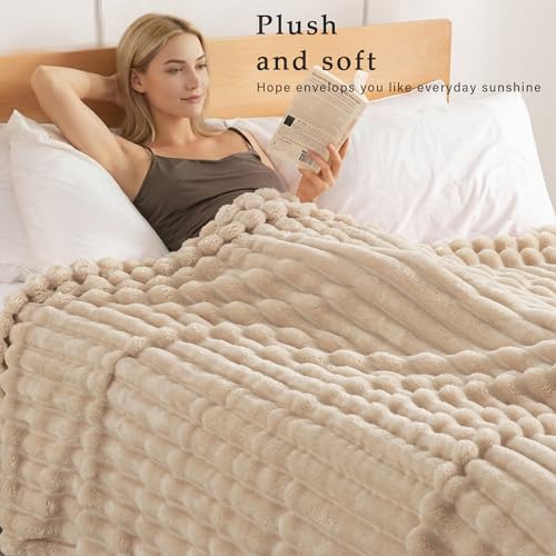 Exclusivo Mezcla Fleece Throw Blanket for Couch, Super Soft Striped Jacquard Bed Blanket, Lightweight Fuzzy Cozy for All Seasons, 50x60 Inches, Beige - color: Beige, size: Throw ( 50x60 IN )