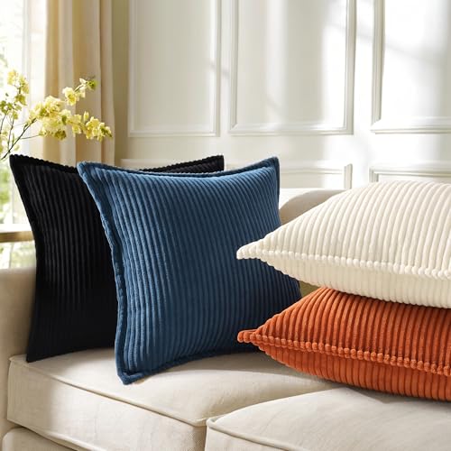 decorUhome Summer Corduroy Black Euro Sham Throw Pillow Covers 24x24 Set of 2 Decorative Soft Boho Farmhouse Couch Pillow Covers for Living Room Bed Sofa Broadside Striped Pillow Cases - color: Black, size: 24" x 24" (Pack of 2)