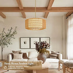 23 inch Natural 5 Light Rattan Light Fixture Woven Pendant Lights Rattan Farmhouse Chandeliers Fabric Shade Boho Chandelier for Dinning Room Kitchen - color: 23"-Natural-Prism